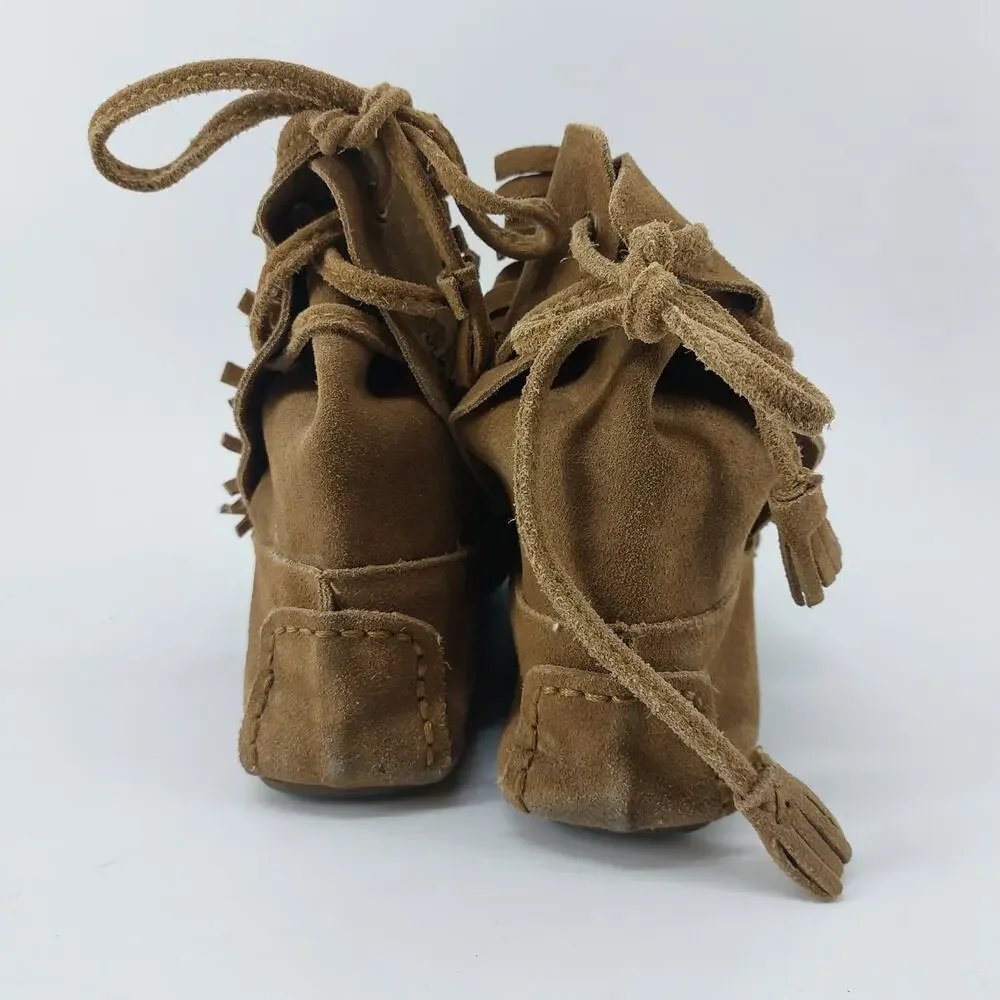 J Crew Moccasins Womens Size 7 Tan Suede Leather Tassel Fringe Boho